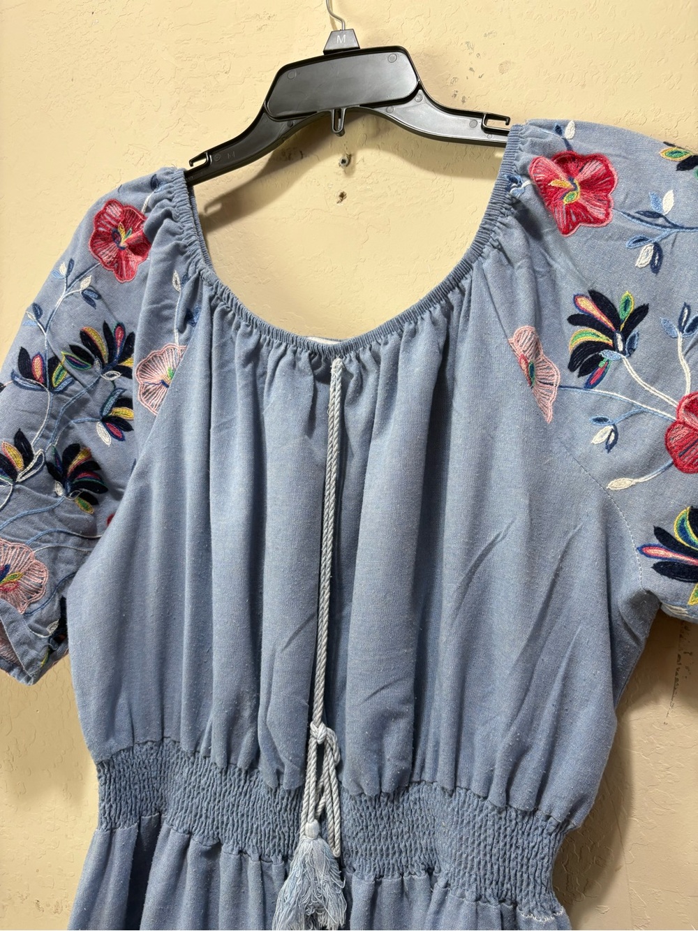 Blue Embroidered Peasant Tunic with Tassel Tie